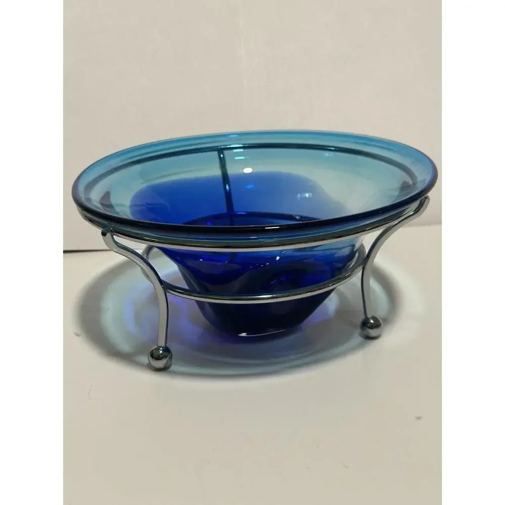 MCM Blue Ombre Hand Blown Glass Console Bowl With Silver Stand 1950s - Picture 1 of 7